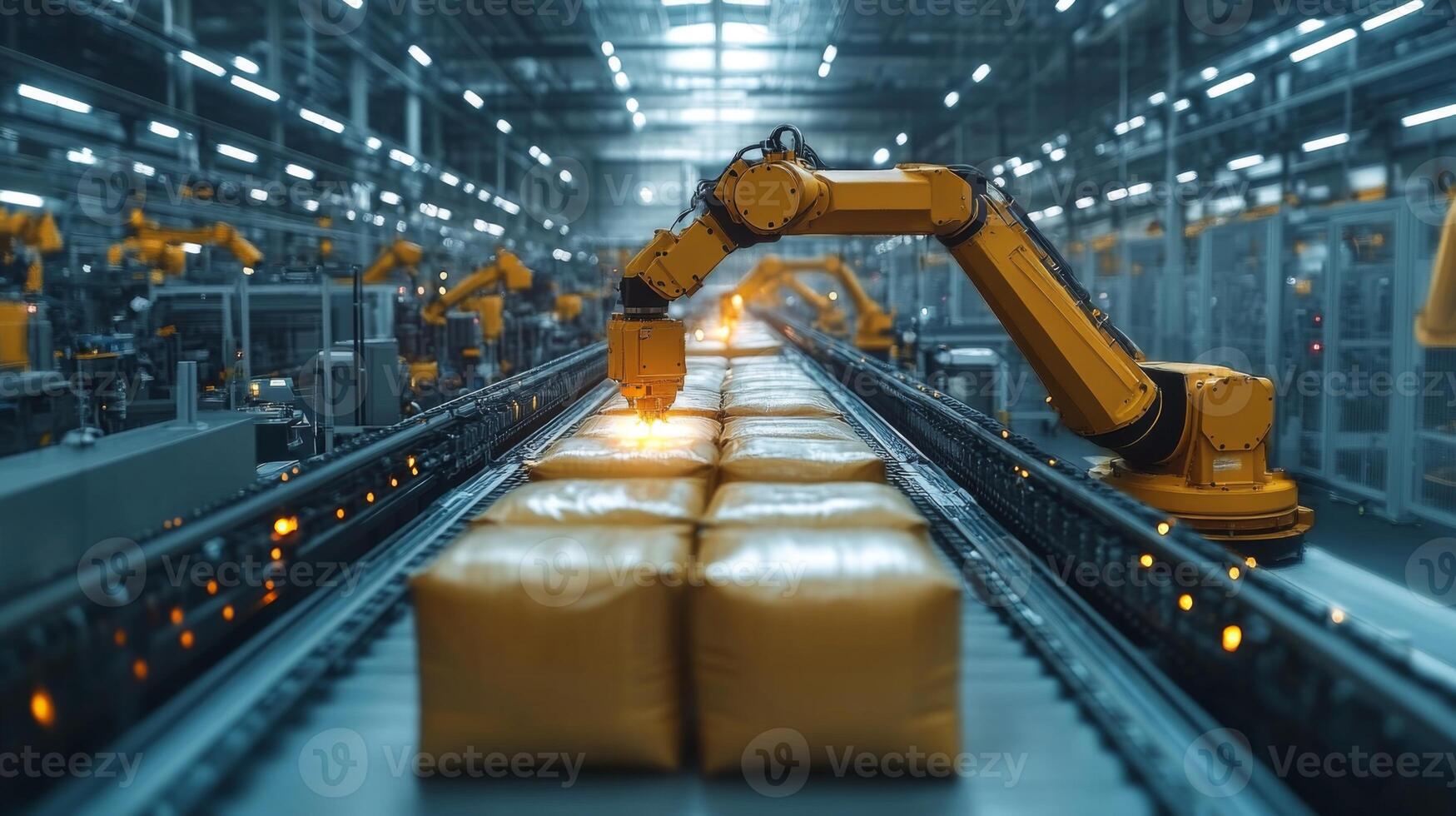 In a state-of-the-art manufacturing plant, robotic arms efficiently package petrochemical products. The automation enhances productivity and precision in the production line. photo