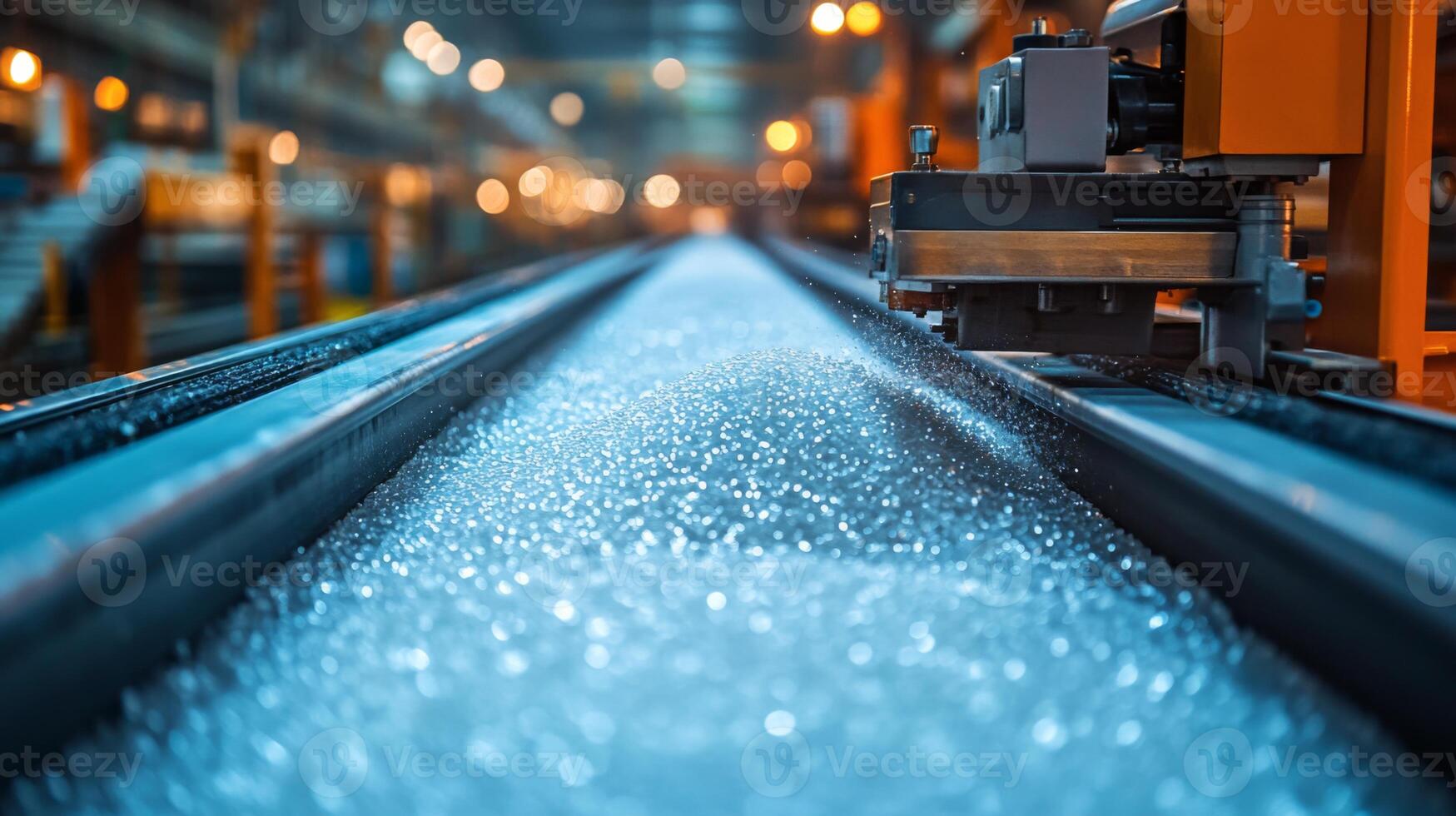 Automated machinery operates in a petrochemical facility, efficiently processing raw materials on a conveyor belt. photo