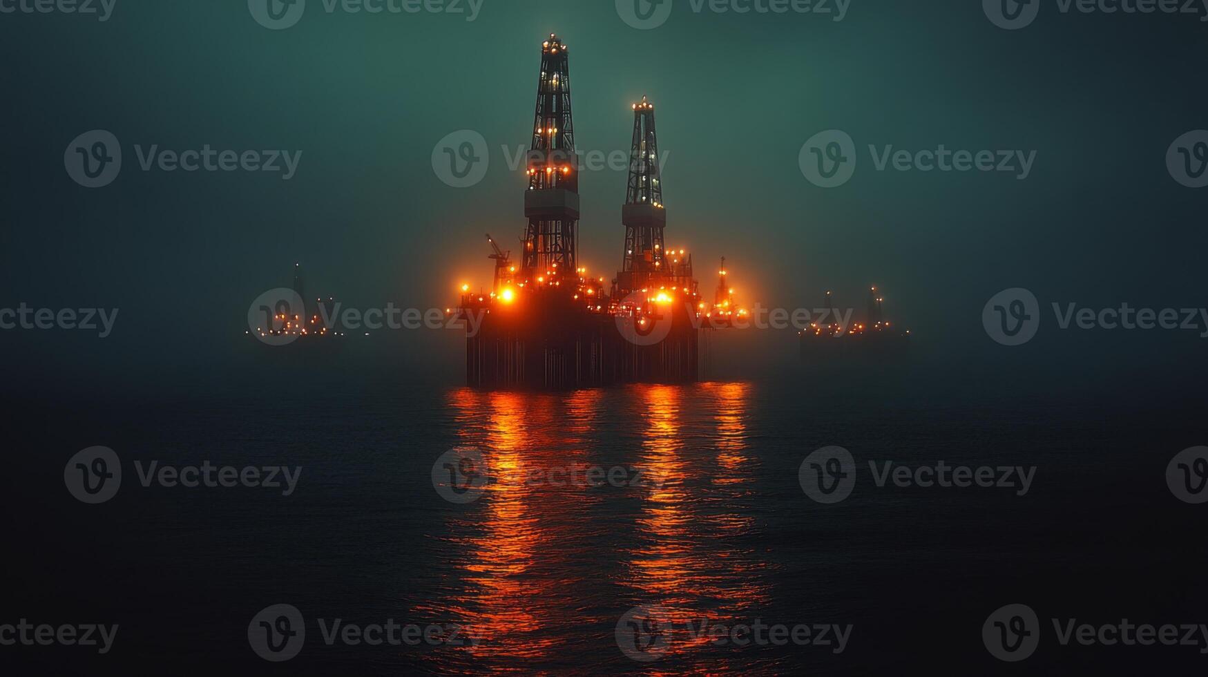 Illuminated offshore oil drilling platforms are seen working in the dark, misty waters with vibrant lights reflecting off the surface, emphasizing the industrial activity in this remote location. photo