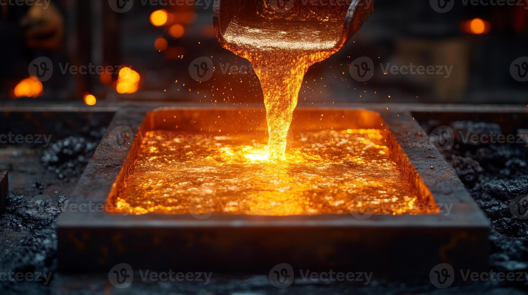 Bright molten metal flows from a ladle into a rectangular mold, illuminating the surrounding workshop with vivid orange hues typical of metal casting operations. photo