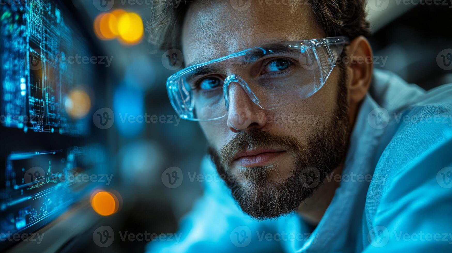 An engineer examines data on a digital screen in a cutting-edge manufacturing environment. The focus is on automation in steel and aluminum processing during a busy workday. photo