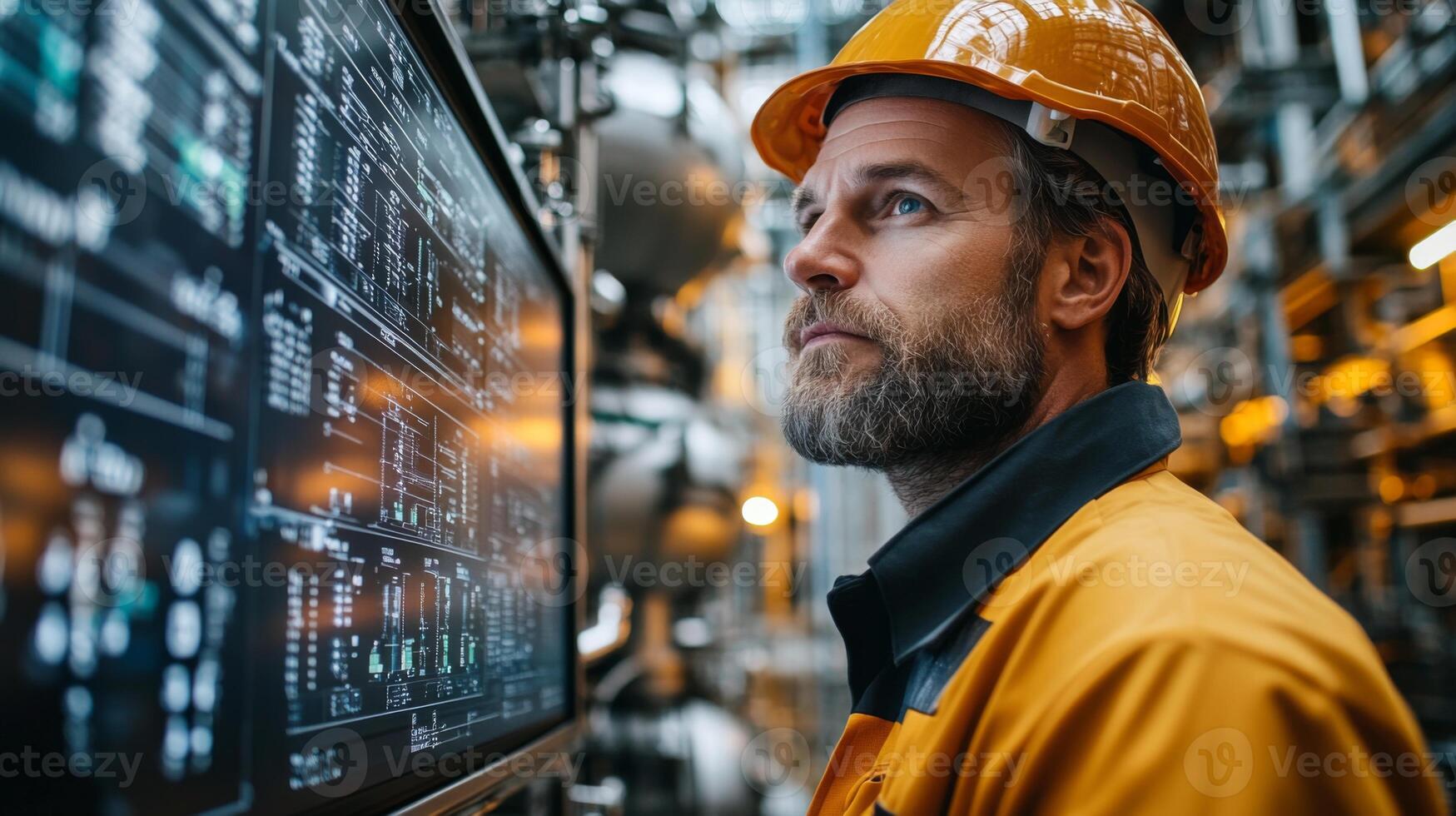 A manufacturing engineer observes digital displays showing automated processes in a refinery. The setting features pipes and machinery, emphasizing industrial automation and chemical processing. photo