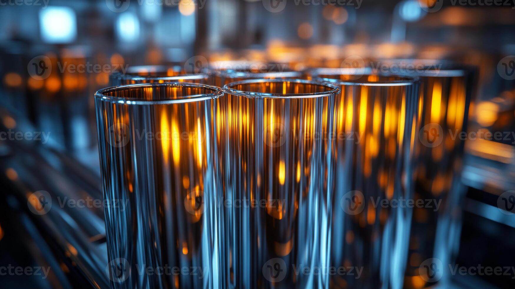 In a modern manufacturing facility, glass tubes are being produced under automated systems that enhance efficiency. The warm lights reflect off the polished surfaces, showcasing advanced technology. photo