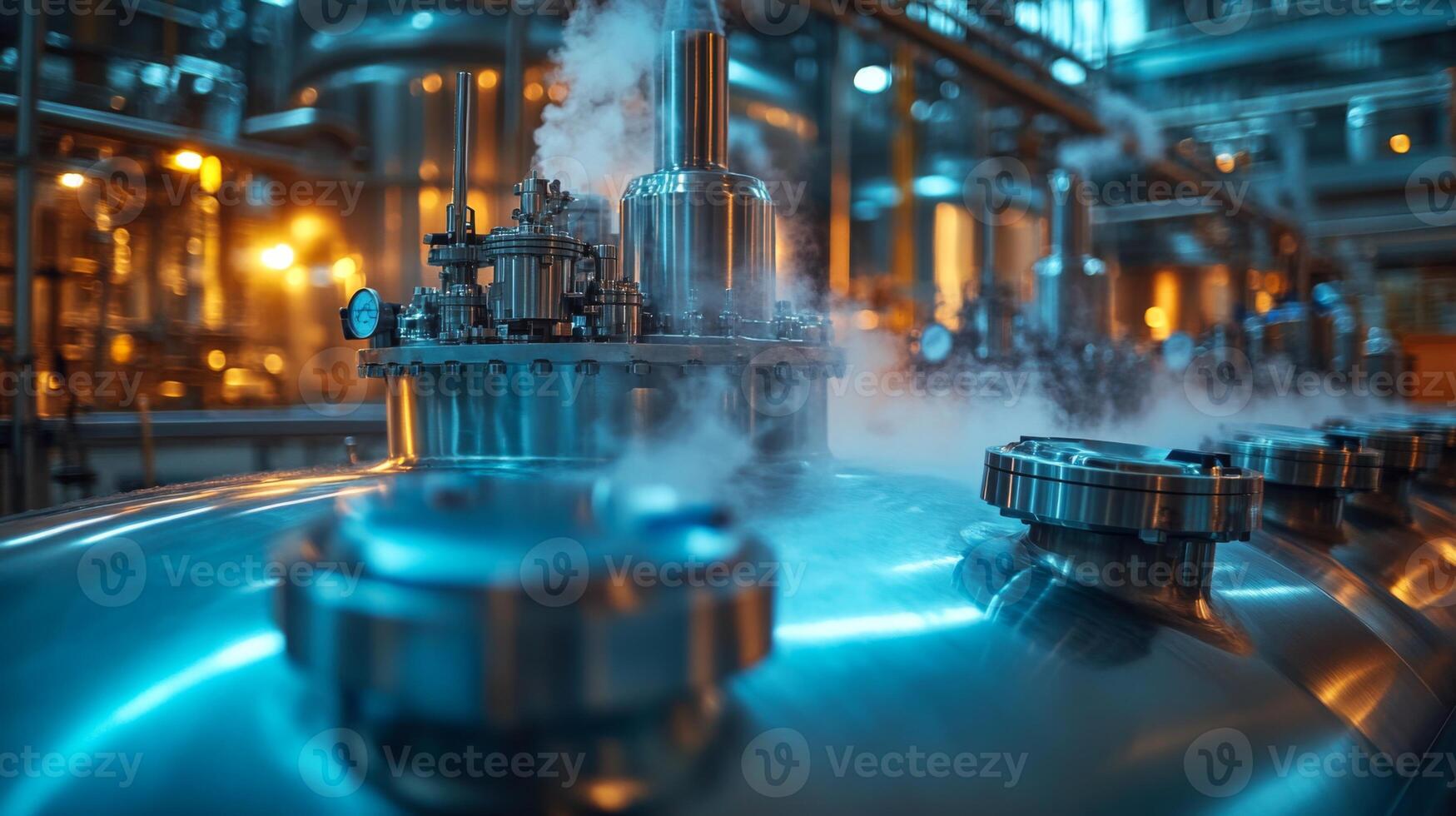 Steam rises from advanced manufacturing equipment in a petrochemical facility, showcasing automation and engineering in action during a processing operation. photo