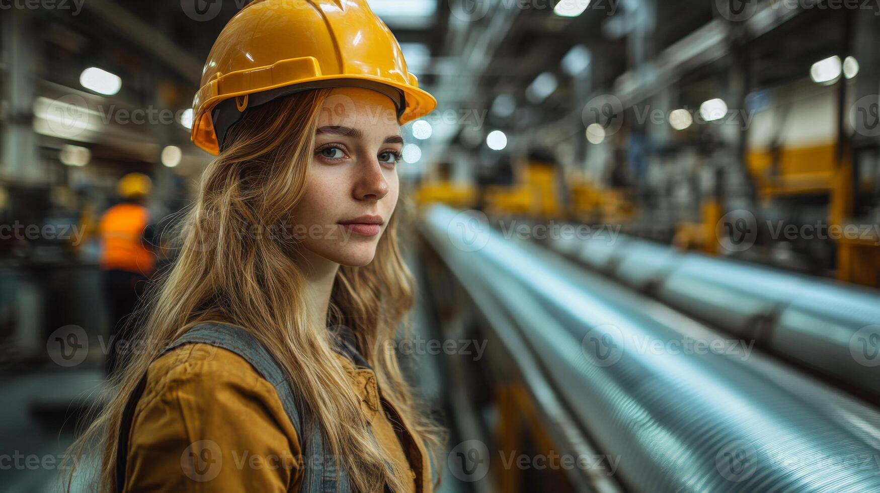 A female engineer in a yellow hard hat stands confidently in a large manufacturing facility. She monitors the automation process, ensuring the efficient production of steel and aluminum components. photo