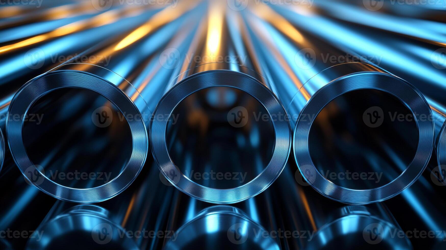 Polished aluminum and steel pipes are arranged in a factory, highlighting the precision of modern engineering and manufacturing processes. photo