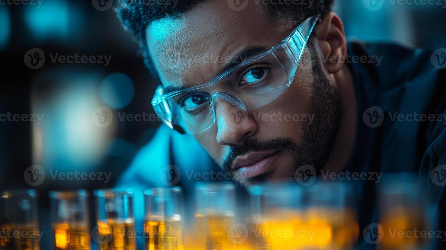 A skilled technician observes metal samples under precise lighting in a modern manufacturing facility. The workspace is equipped for quality control, ensuring high standards in metallurgy. photo