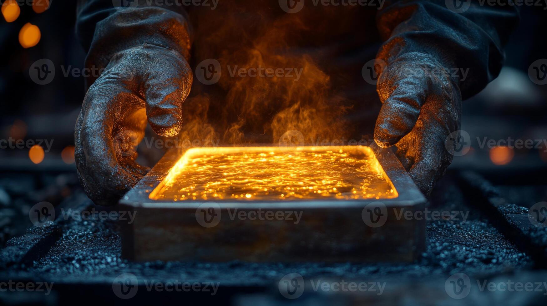 Skilled workers are casting molten metal in a manufacturing facility. The intense heat and orange glow showcase the intricate process of metallurgy, emphasizing safety and precision. photo