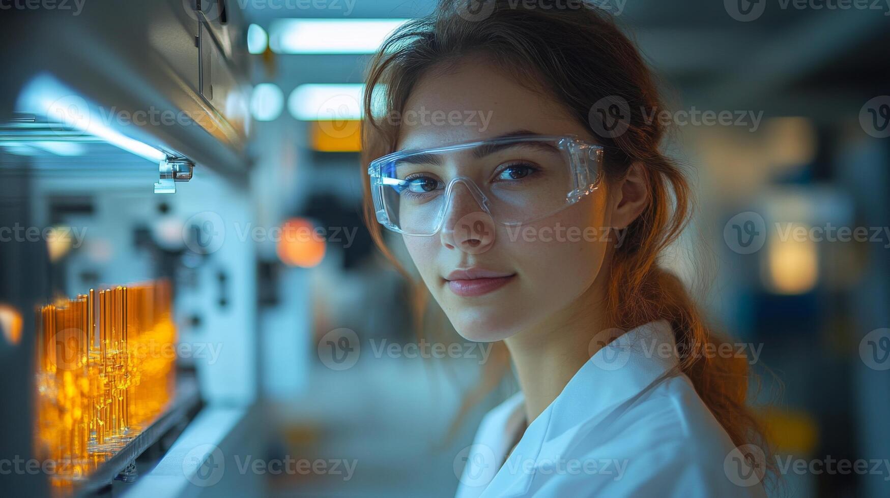 In a modern industrial laboratory, a young engineer wearing safety glasses analyzes steel and aluminum samples while working on automation and metallurgy projects. photo