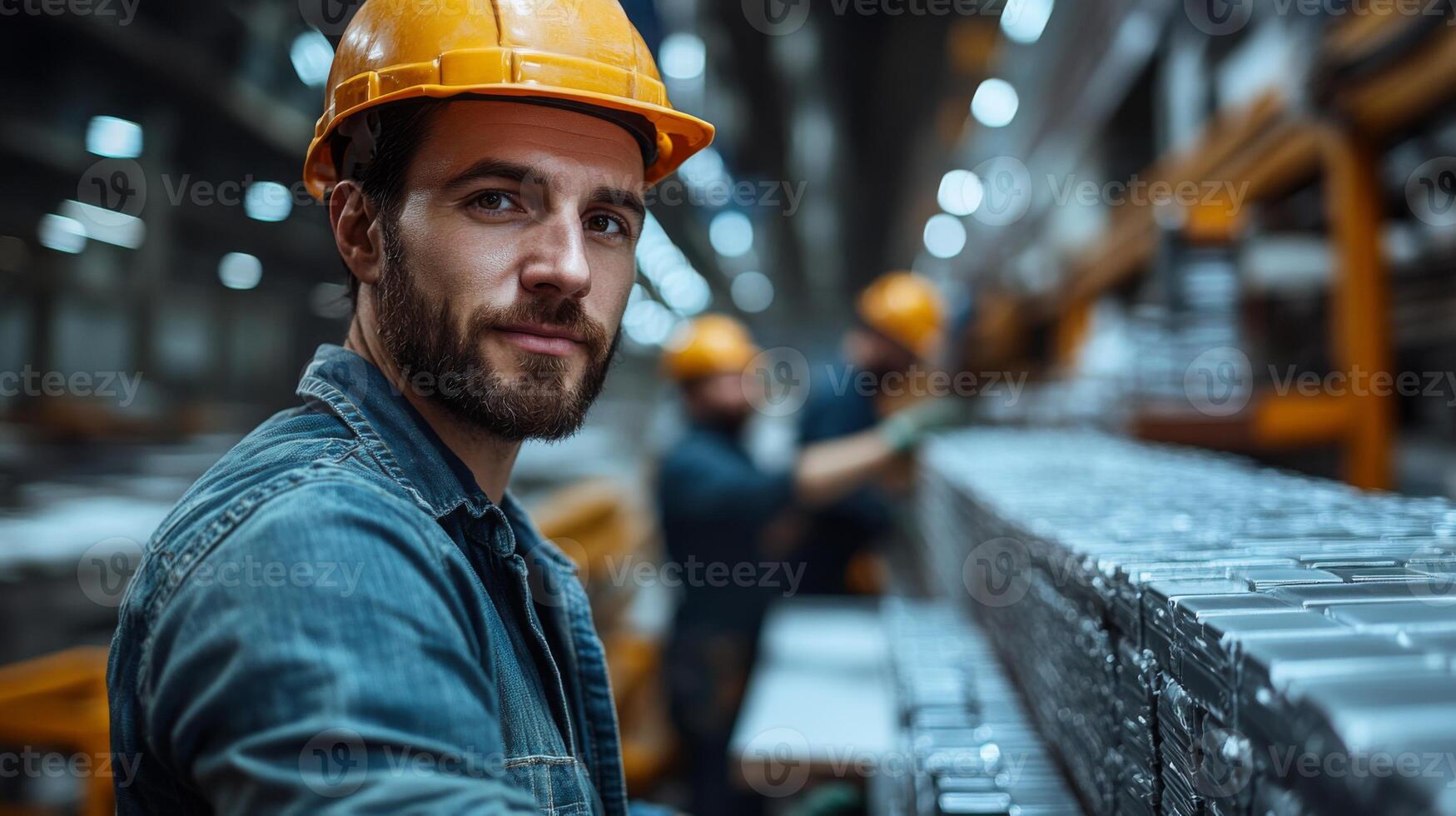 A manufacturing professional, wearing a hard hat, focuses on tasks in a bustling factory. Workers are engaged in steel and aluminum processing, highlighting automation in engineering. photo