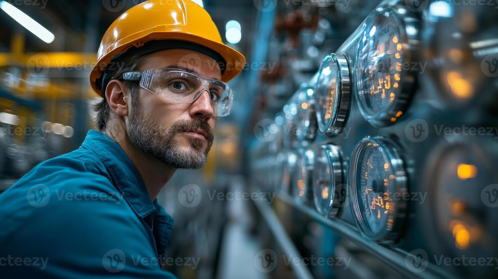 A focused engineer in protective gear examines machinery gauges in an industrial setting. The environment is a modern petrochemical refinery with various automated systems in operation. photo