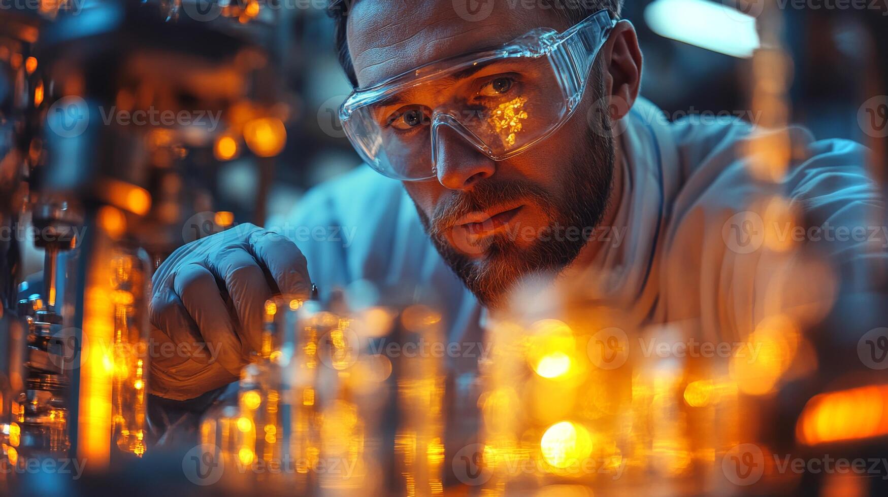 A skilled technician closely examines complex machinery in a chemical processing plant. Bright amber lights illuminate the industrial setting, showcasing advanced technology and precision engineering. photo