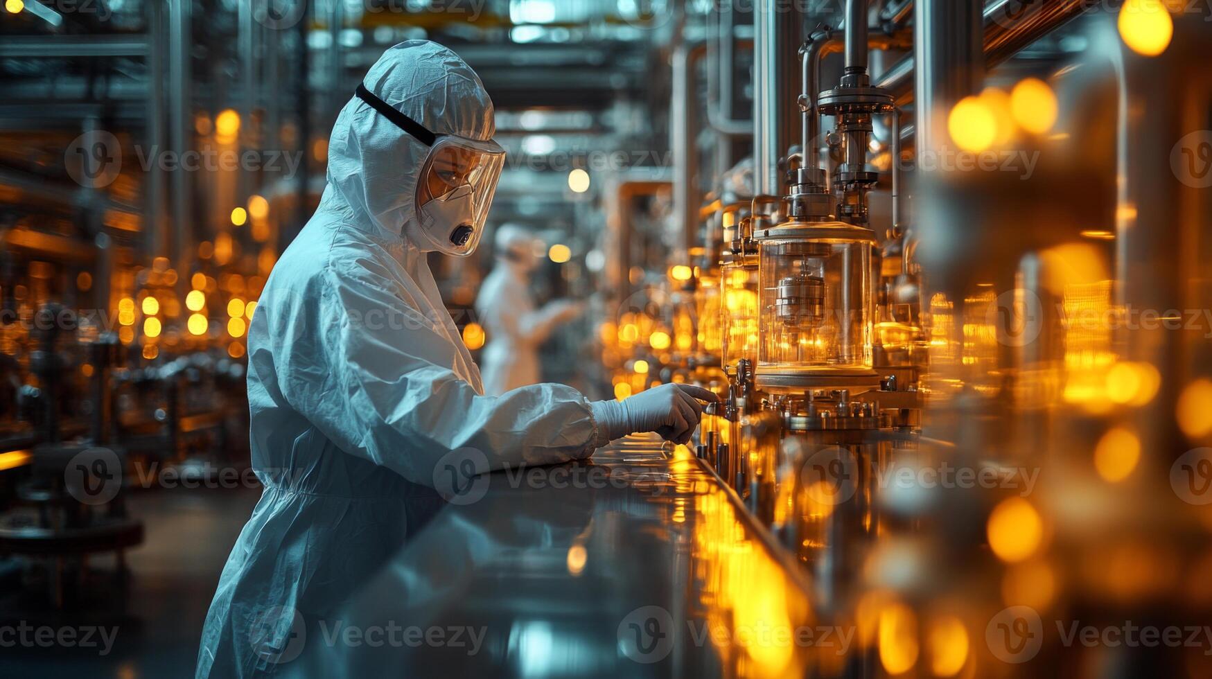 A worker in a white protective suit and mask is closely monitoring machinery in a modern petrochemical refinery. Bright lights illuminate the advanced equipment and busy environment. photo