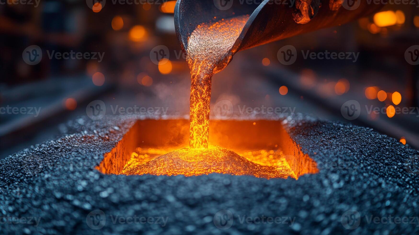 Molten metal flows from a ladle into a casting mold in a factory setting, showcasing the intense heat and precision involved in metallurgy and engineering. photo