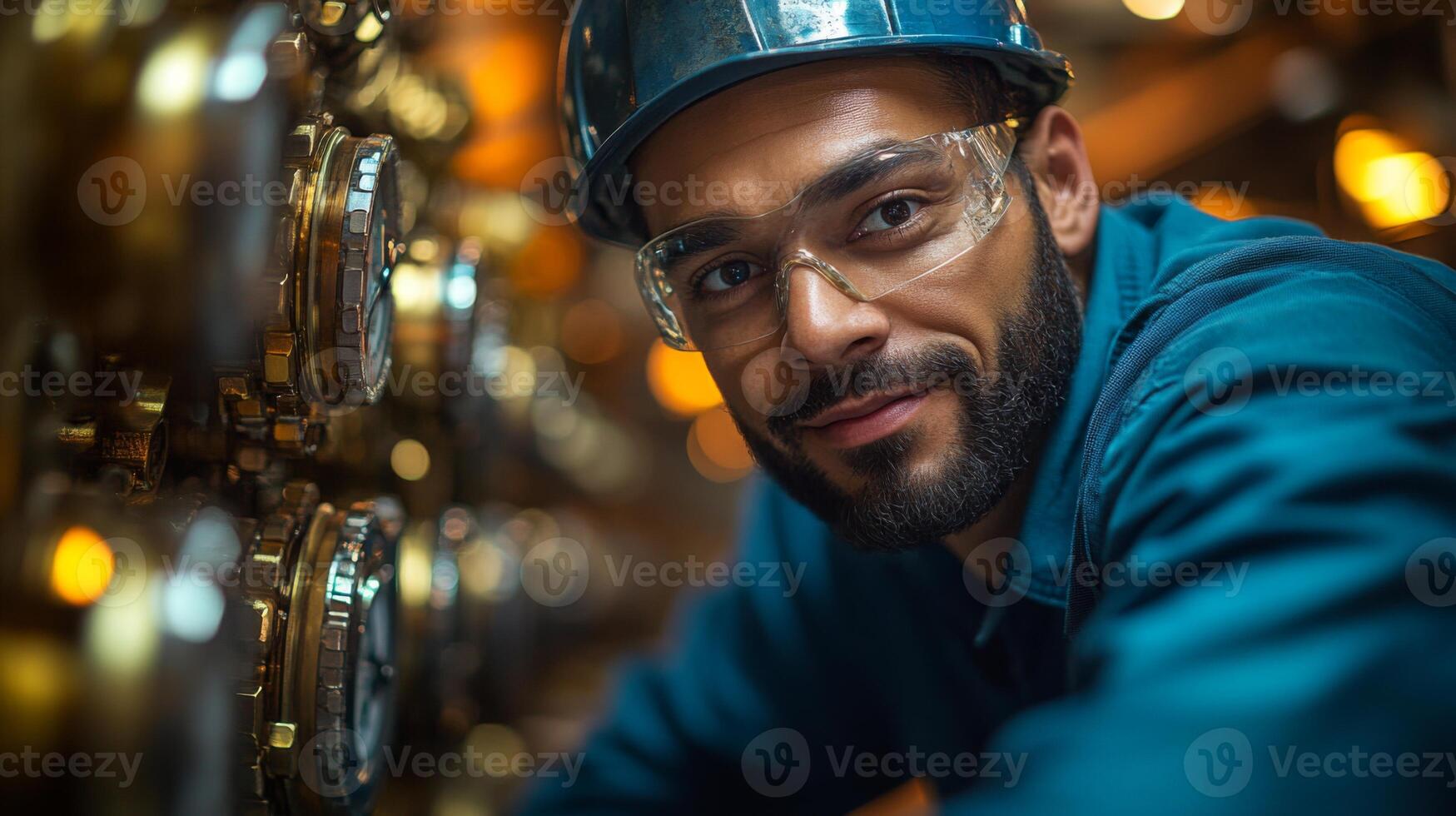 A technician wearing safety gear performs maintenance on complex machinery at a petrochemical refinery. The environment is filled with advanced automation and engineering processes. photo