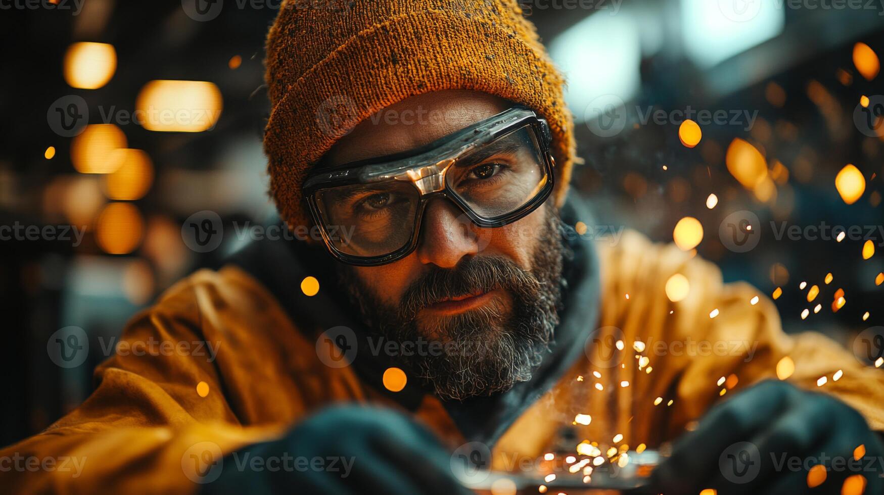 A skilled worker focuses intently on welding metal components in an industrial setting. Sparks fly as the welding torch creates strong bonds between steel and aluminum, showcasing craftsmanship. photo