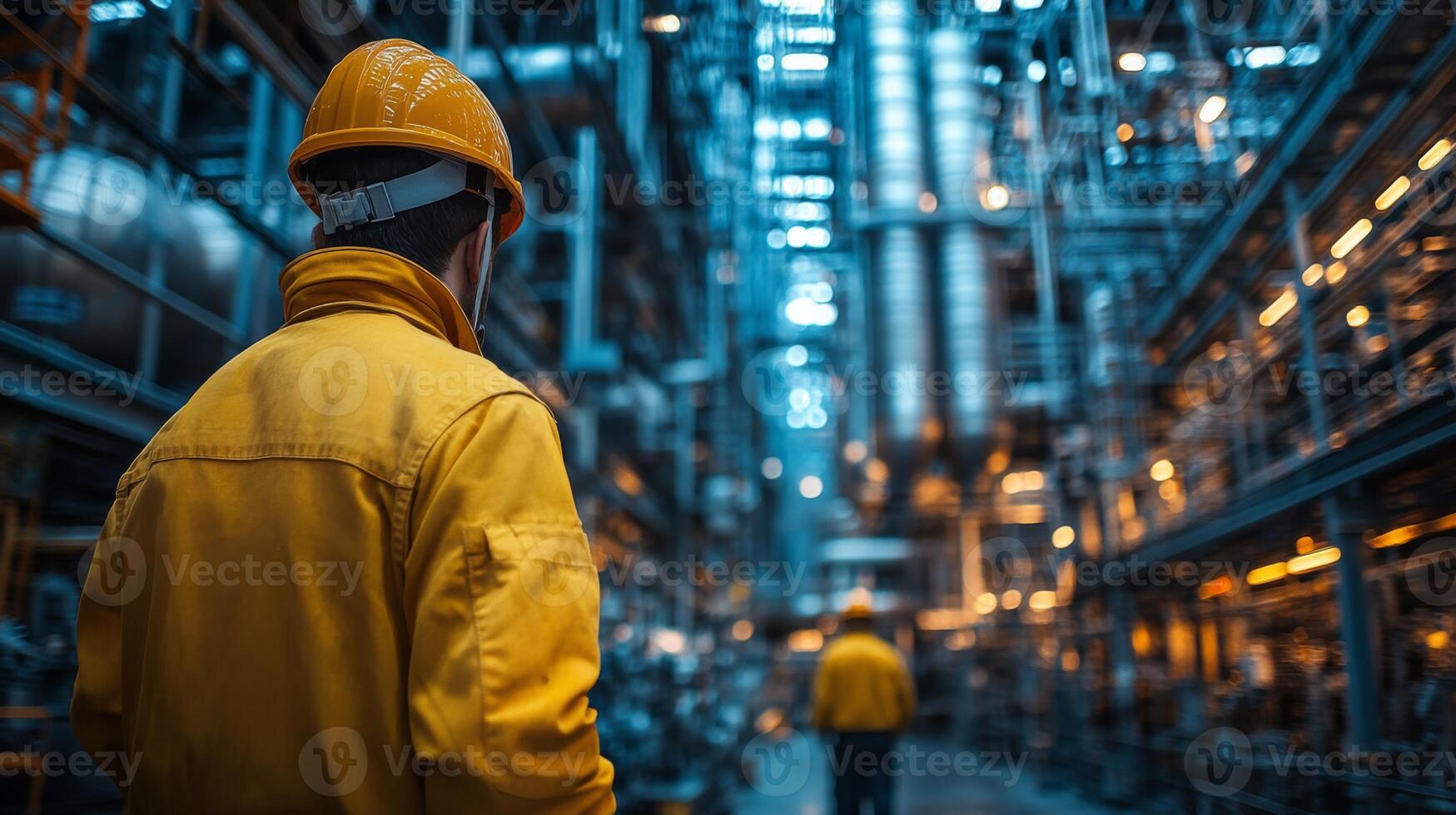 Engineers wearing safety gear navigate a high-tech petrochemical refinery, overseeing manufacturing and automation processes in a large industrial setting. photo