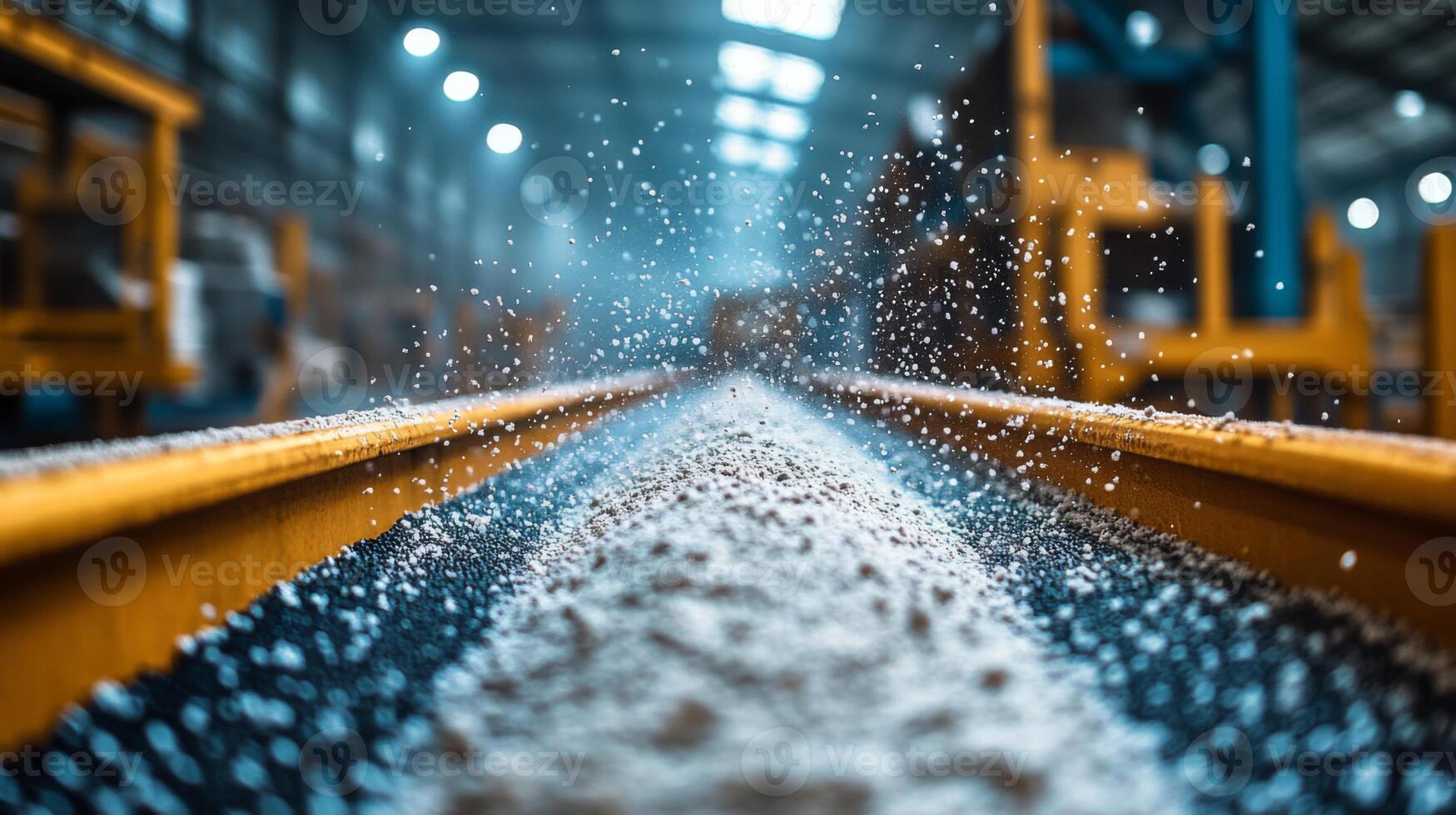 A conveyor system efficiently moves fine particles through a manufacturing facility, showcasing the automation of industrial processes in a chemical engineering environment. photo