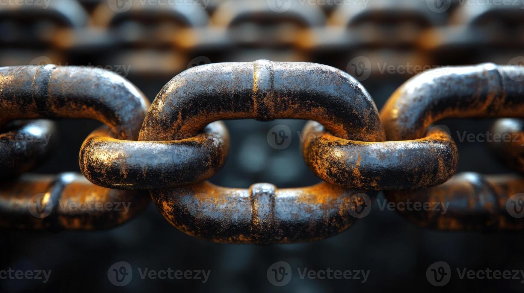 Rusty steel chain links are prominently displayed, highlighting their strength and wear. The background features a blurred factory environment, emphasizing manufacturing processes. photo