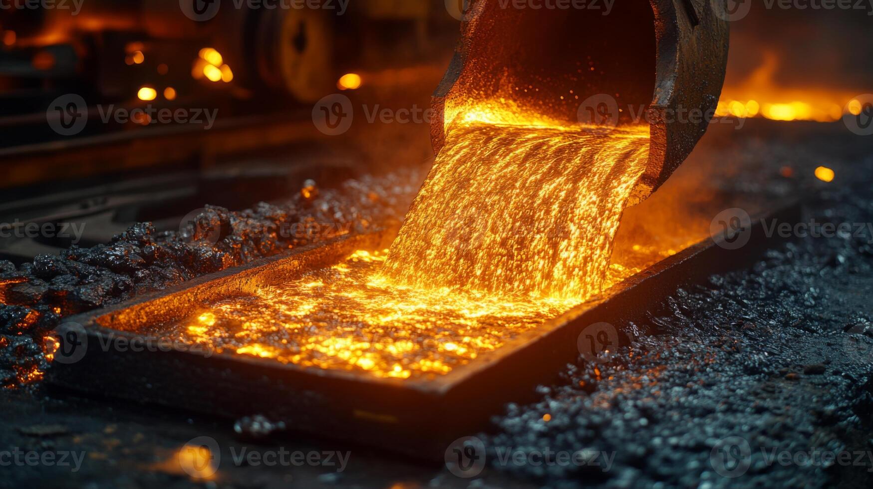 Molten metal is poured from a ladle into a metal mold in a busy factory setting, showcasing the casting process involved in metal manufacturing. photo