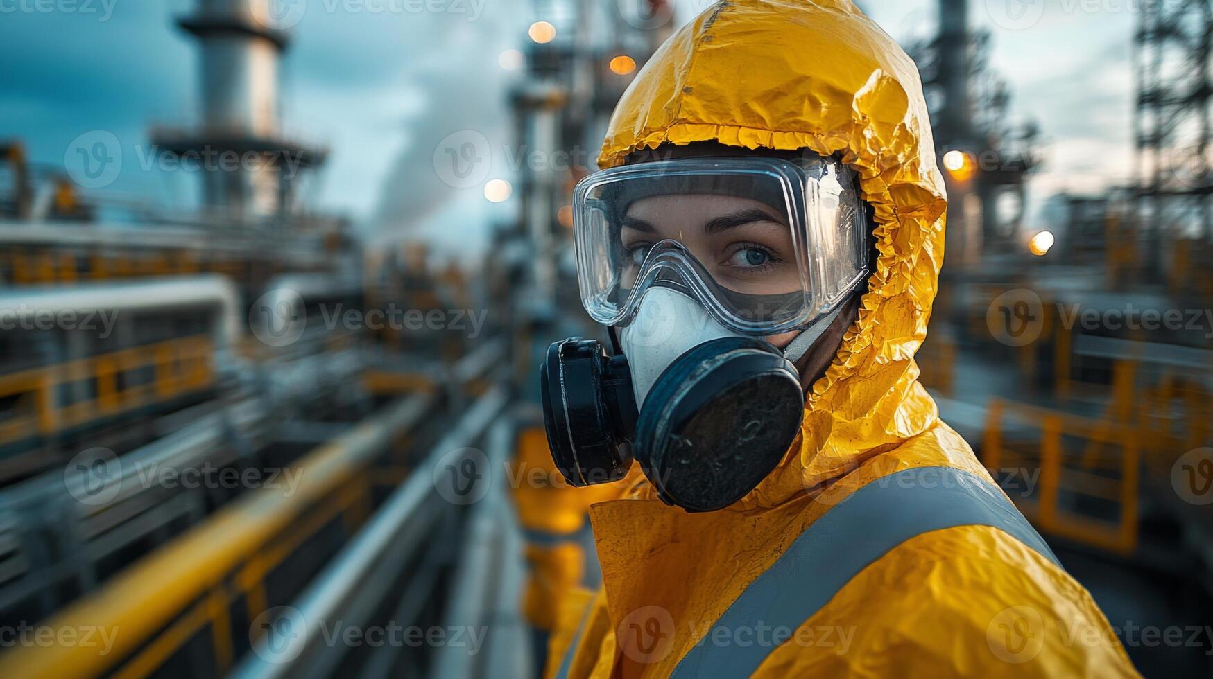 A worker in a yellow protective suit and gas mask is focused on tasks in a busy petrochemical refinery. The setting highlights the critical nature of safety in industrial operations. photo