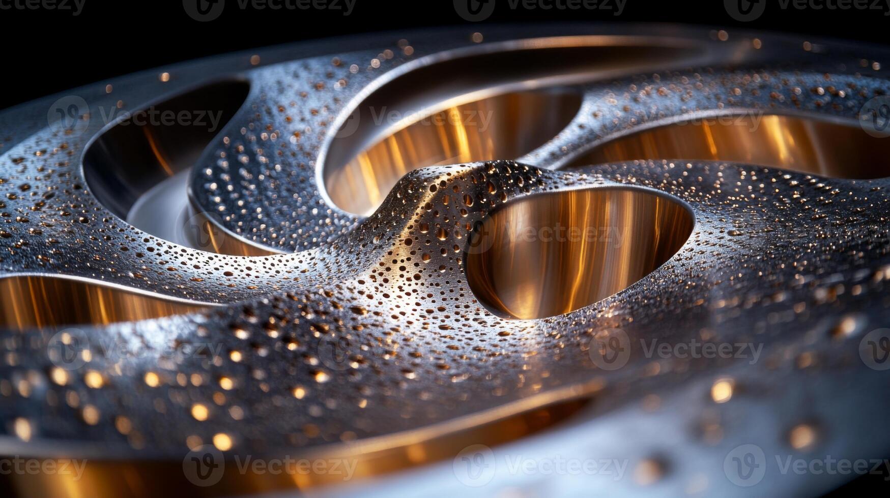 A close-up view reveals intricate designs on a metallic component, highlighting advanced metallurgy and fabrication techniques. The craftsmanship features smooth curves and numerous precision holes. photo