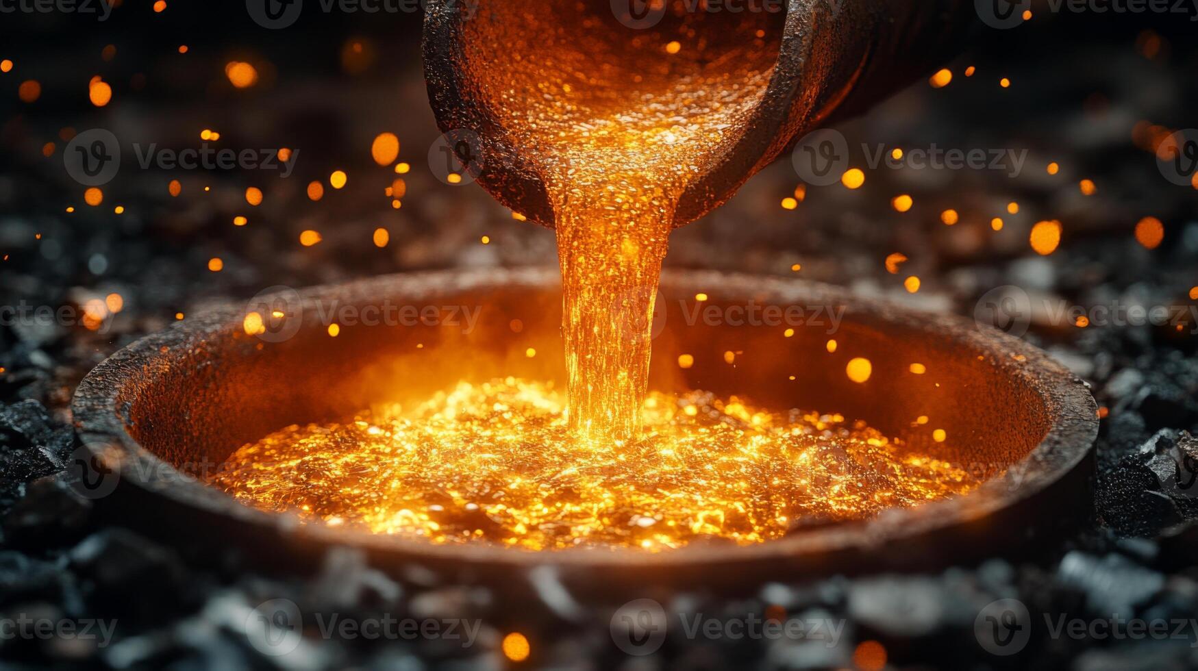 Bright molten metal flows from a casting ladle into a round mold. The environment is filled with sparks, highlighting the intensity of metallurgy in action. photo