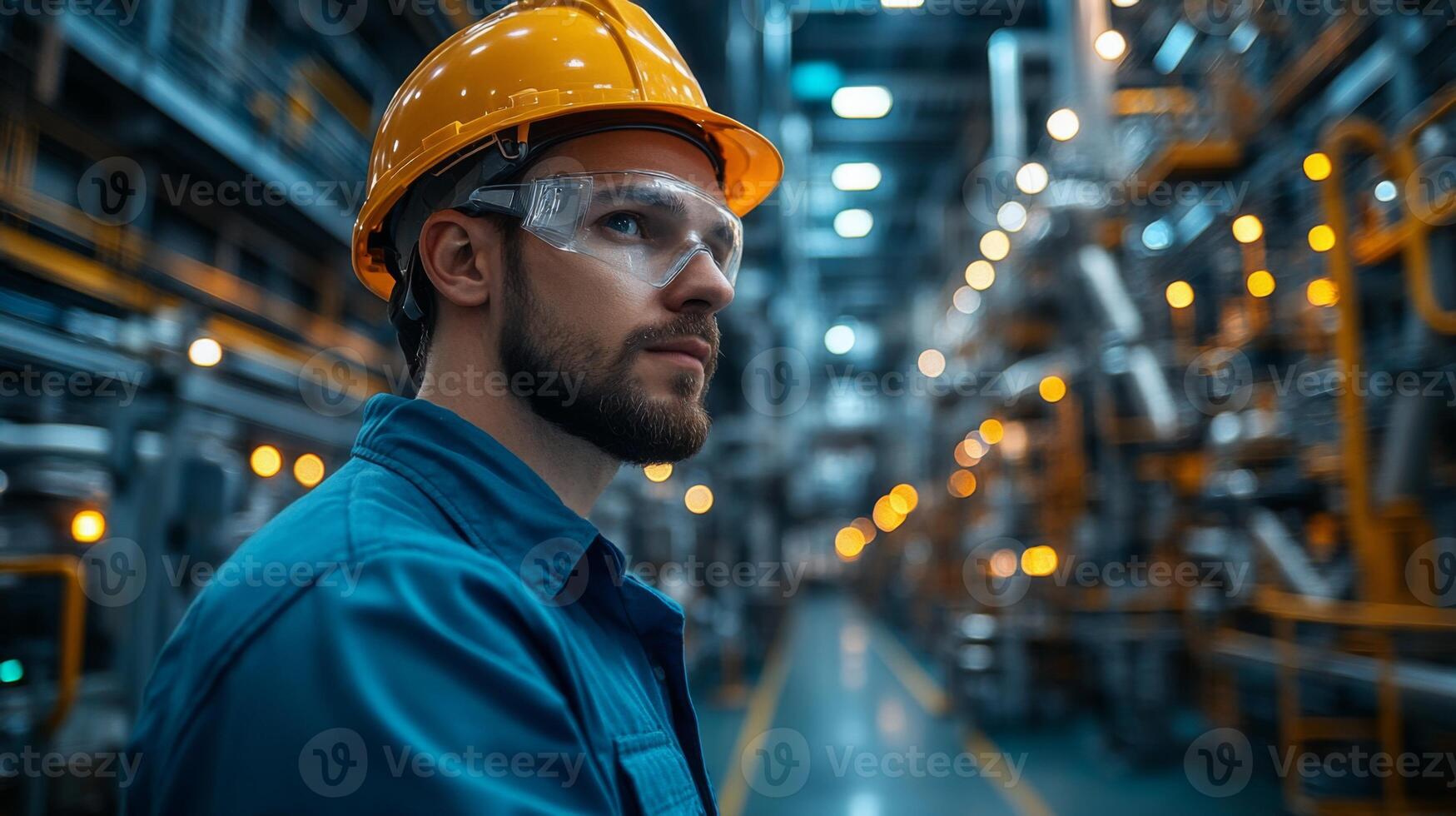 A worker in safety helmet and goggles monitors the automated machinery in a petrochemical refinery, focusing on production efficiency and quality control during after-hours operations. photo