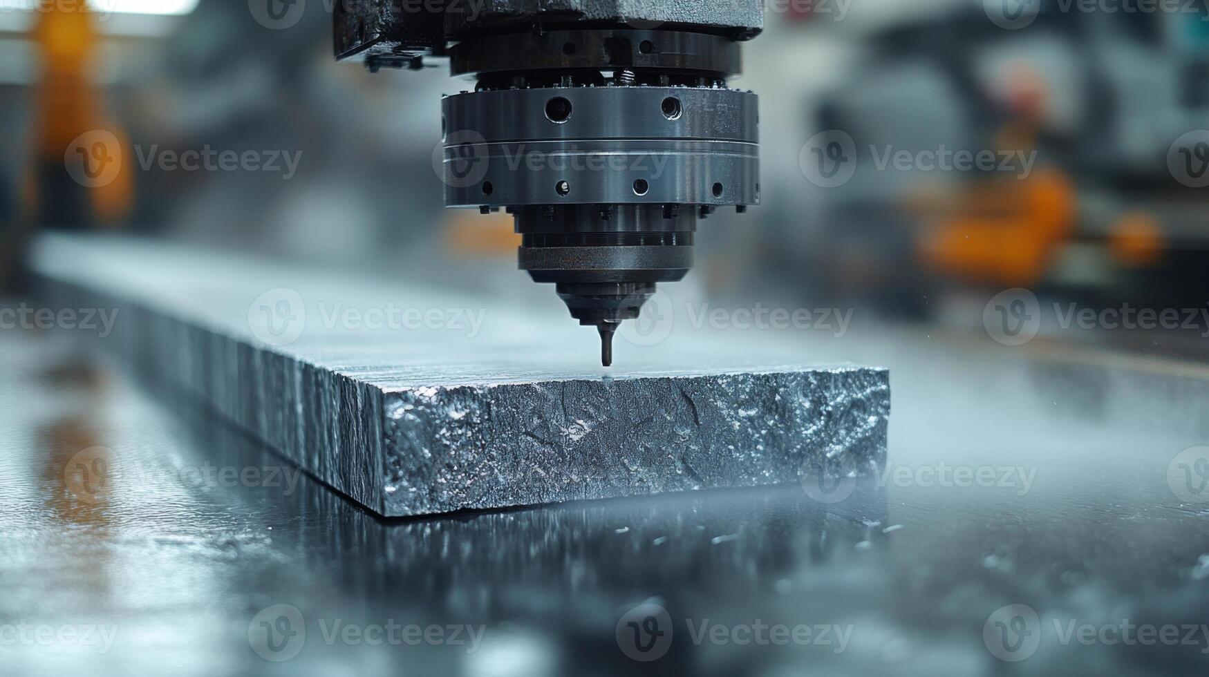 Intricate machining is taking place on an aluminum block using a CNC machine in a modern manufacturing facility, highlighting industrial automation and engineering expertise. photo