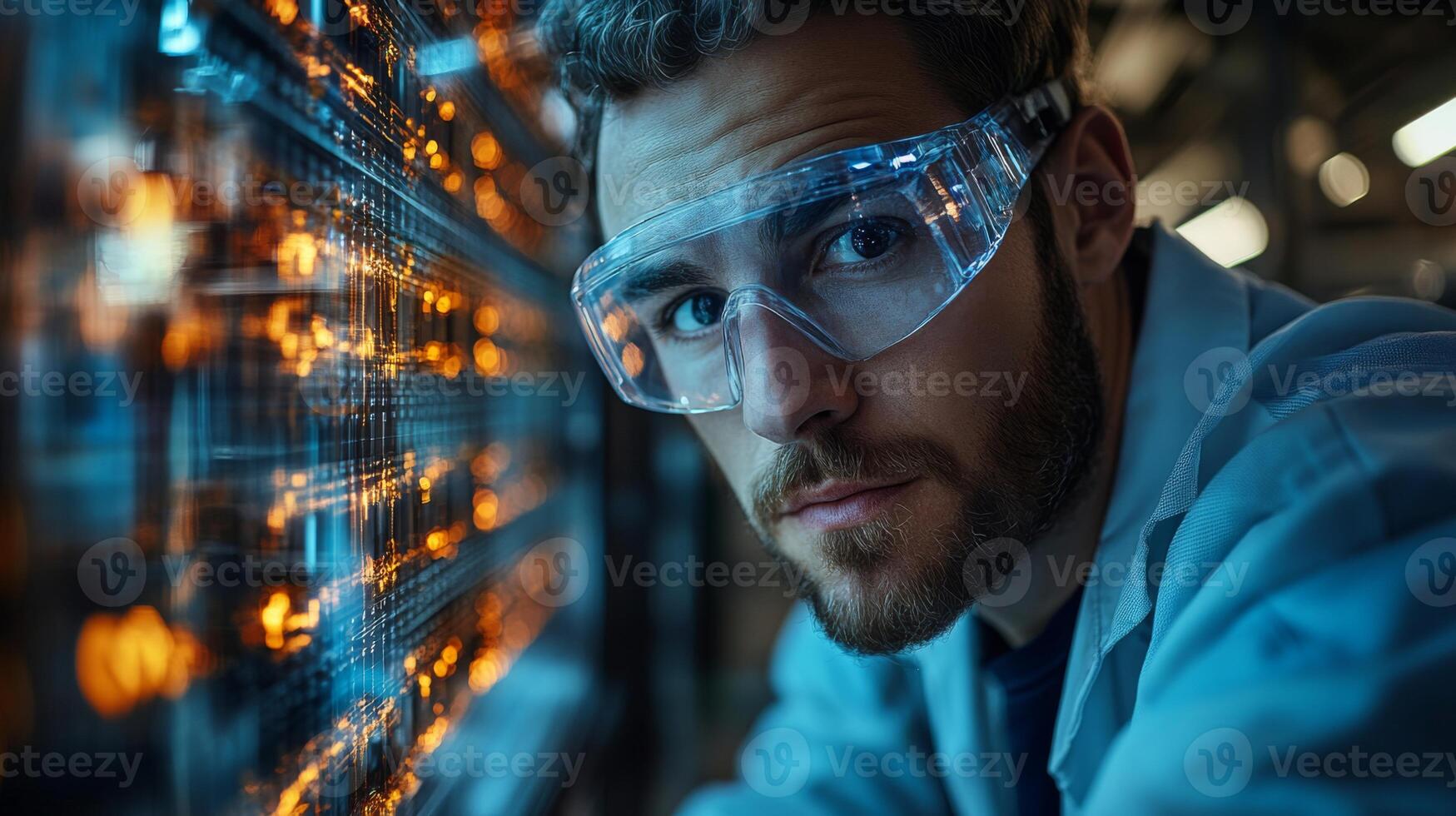 An engineer wearing safety glasses examines machinery in a state-of-the-art factory. Surrounding high-tech equipment showcases processes like welding and casting. photo