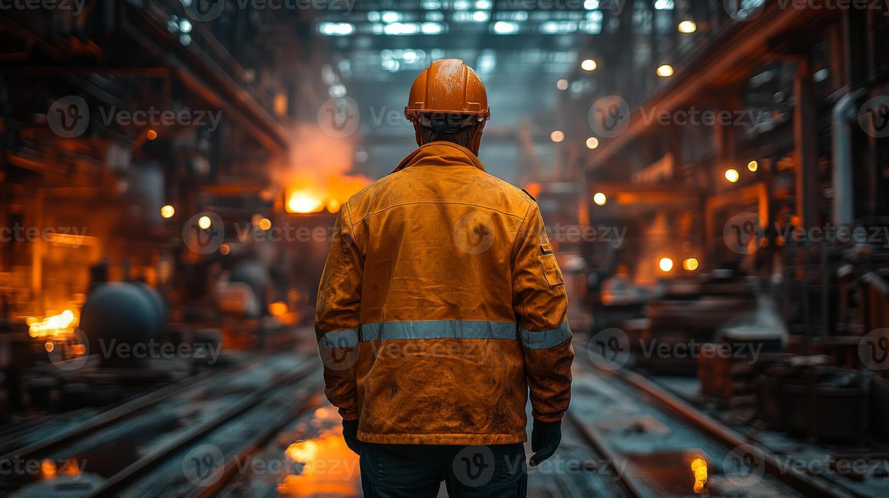 A worker in a bright orange jacket stands in a factory, watching the automated steel production process. The facility is warmly lit, showcasing the bustling manufacturing environment. photo