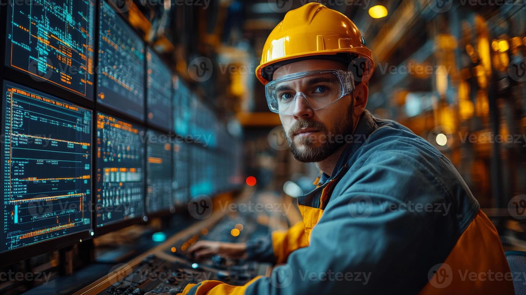 A skilled worker monitors complex control systems in a petrochemical refinery, managing automated processing and ensuring efficient operations. photo