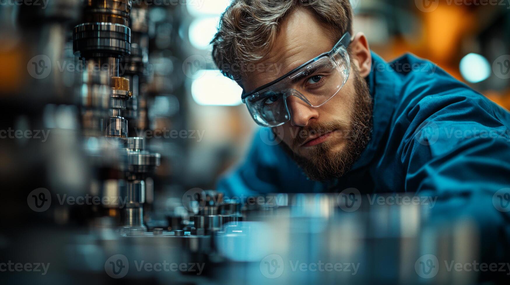 A skilled engineer inspects precision machinery in a bustling manufacturing facility. He wears safety goggles and is engaged in ensuring quality during the production process. photo