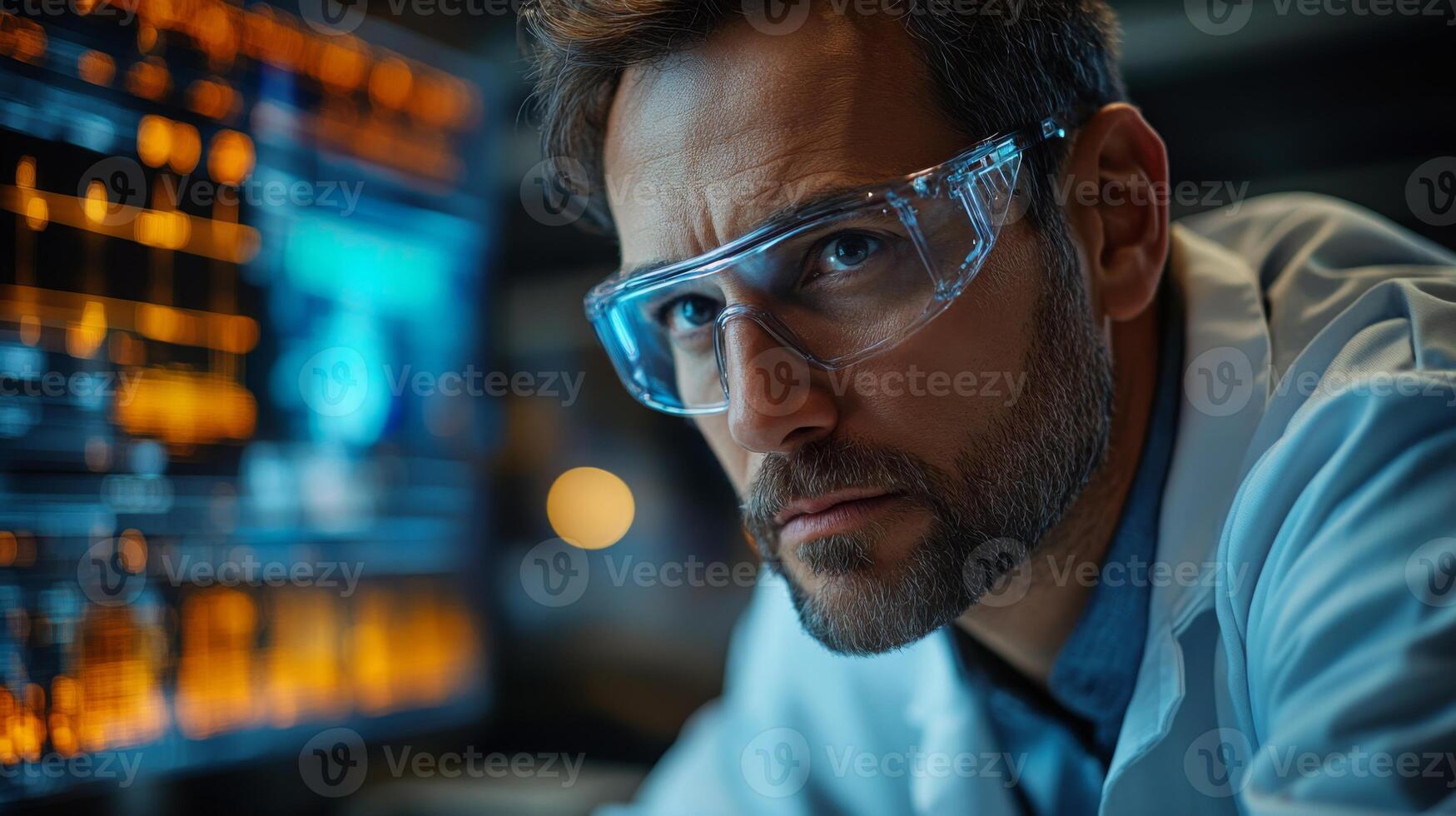 A professional wearing safety glasses focuses on complex data on multiple screens in a high-tech engineering lab. The atmosphere reflects an industrial setting equipped for advanced manufacturing. photo
