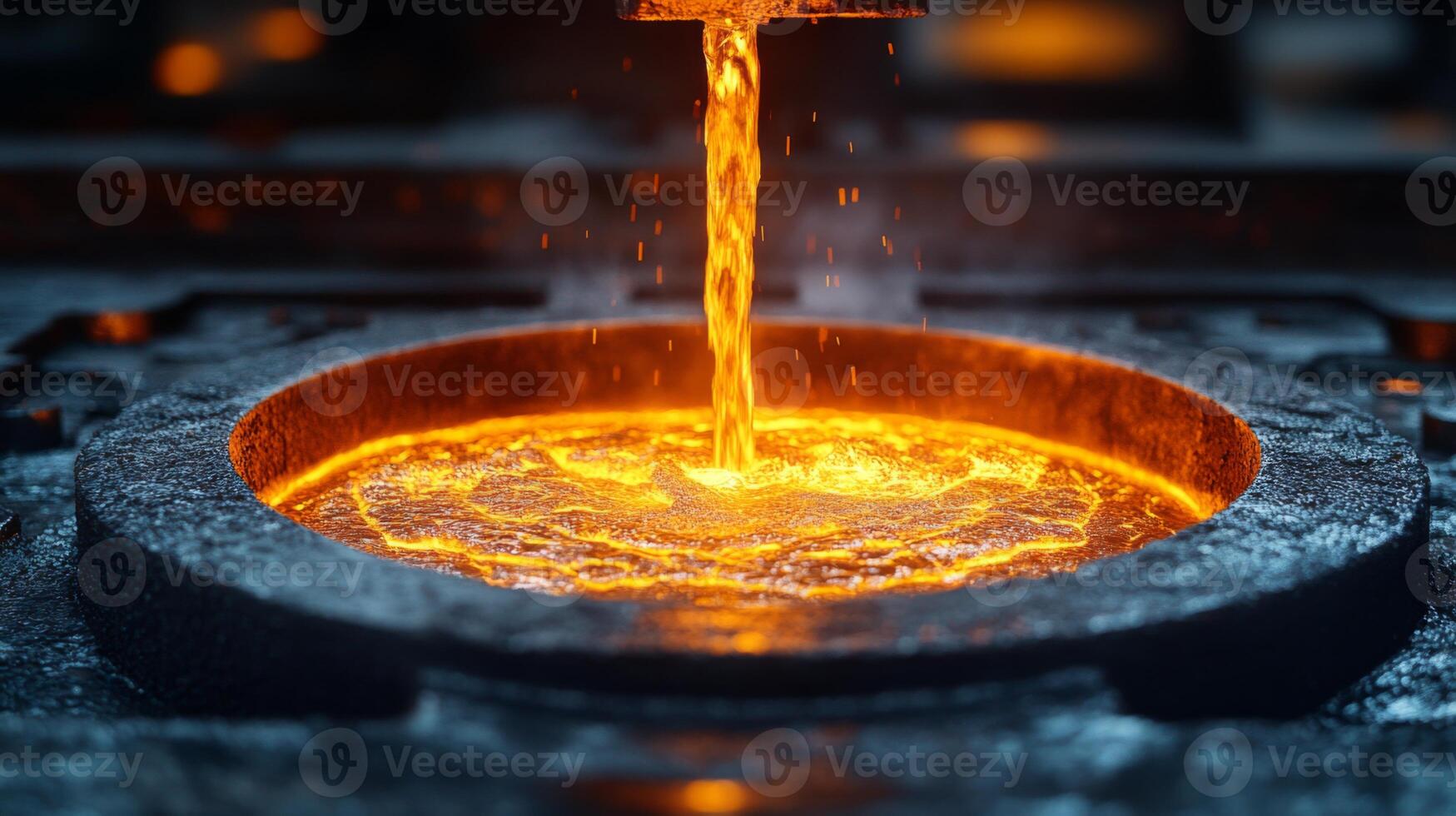 A worker carefully pours molten metal into a mold at a manufacturing facility. The intense glow of the liquid metal highlights the precision of the casting process in metallurgy. photo