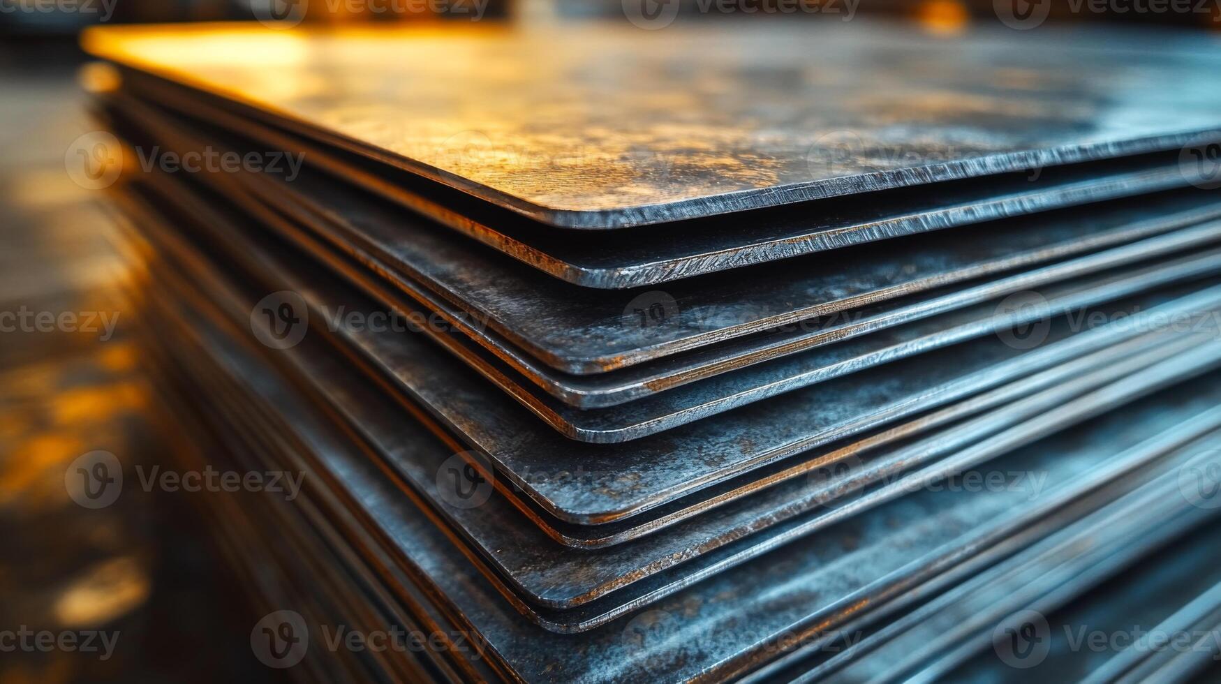 Metal sheets are stacked neatly in a bright industrial factory, reflecting the precision of manufacturing and engineering processes involving steel and aluminum. photo