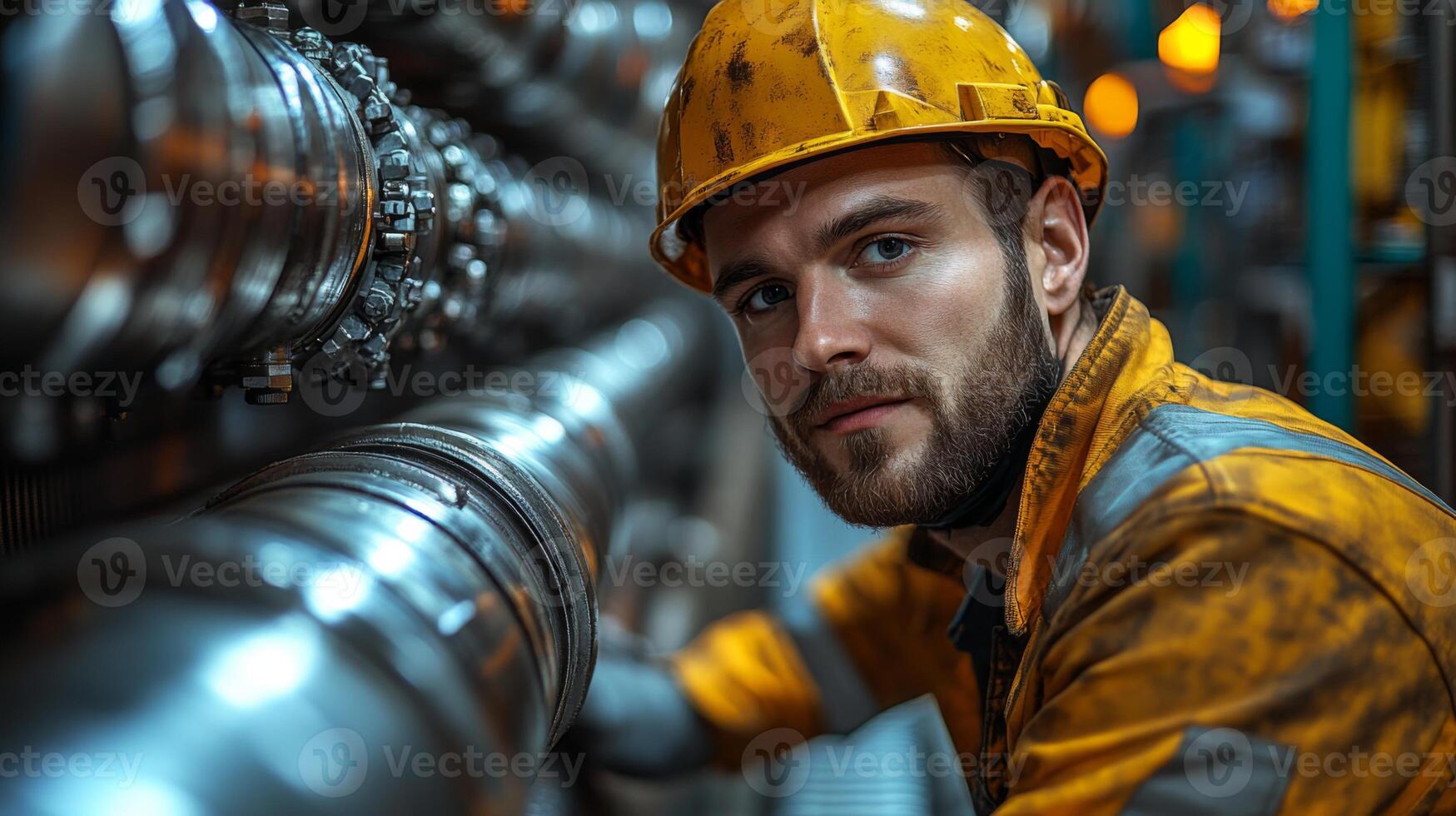 Focused worker wearing safety gear inspects a pipeline surrounded by advanced machinery in a busy petrochemical refinery. The environment showcases automation in action. photo