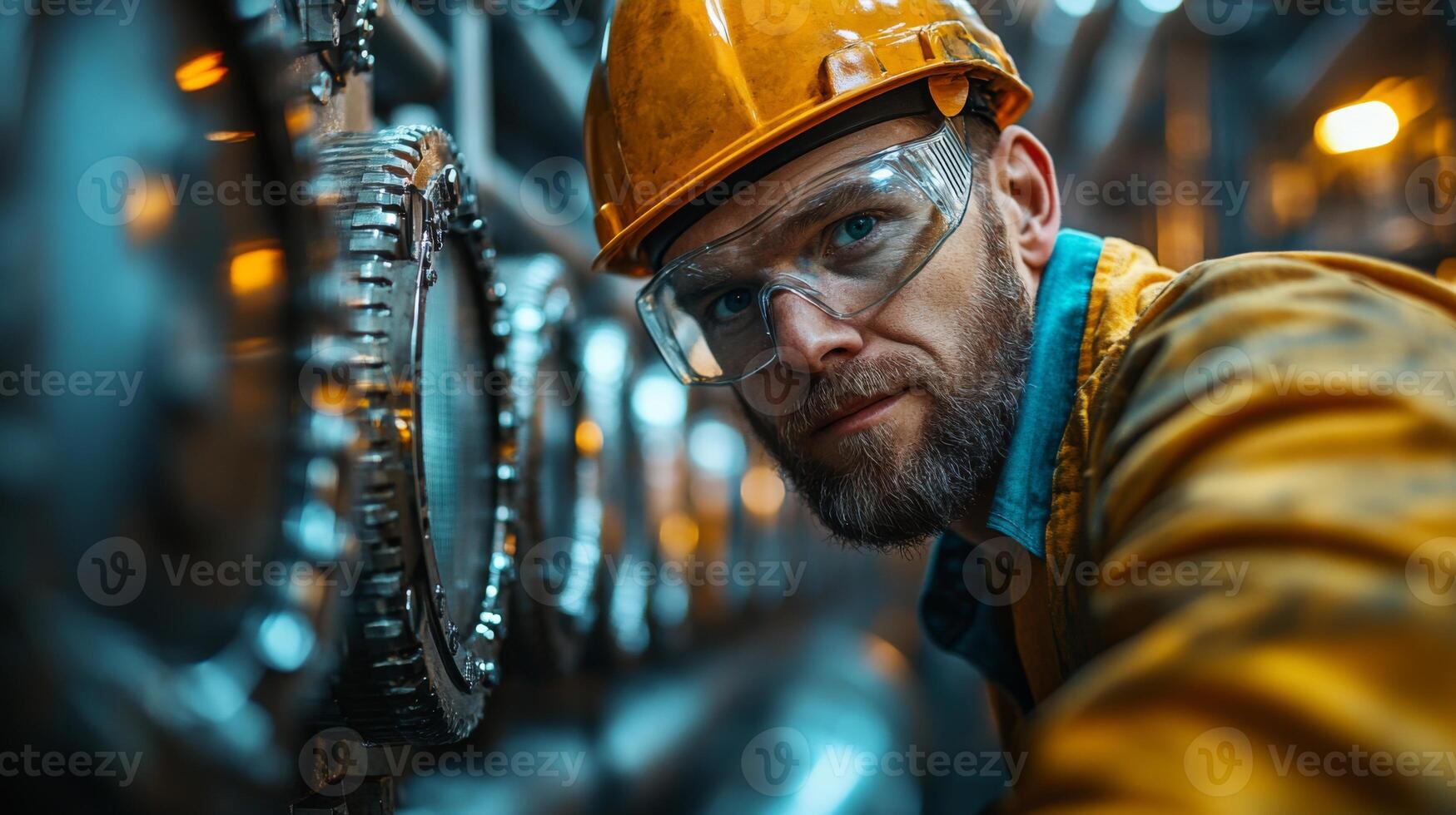 Technician in safety gear inspects complex machinery in a modern petrochemical refinery, focusing on automation processes during operation hours to ensure efficiency. photo