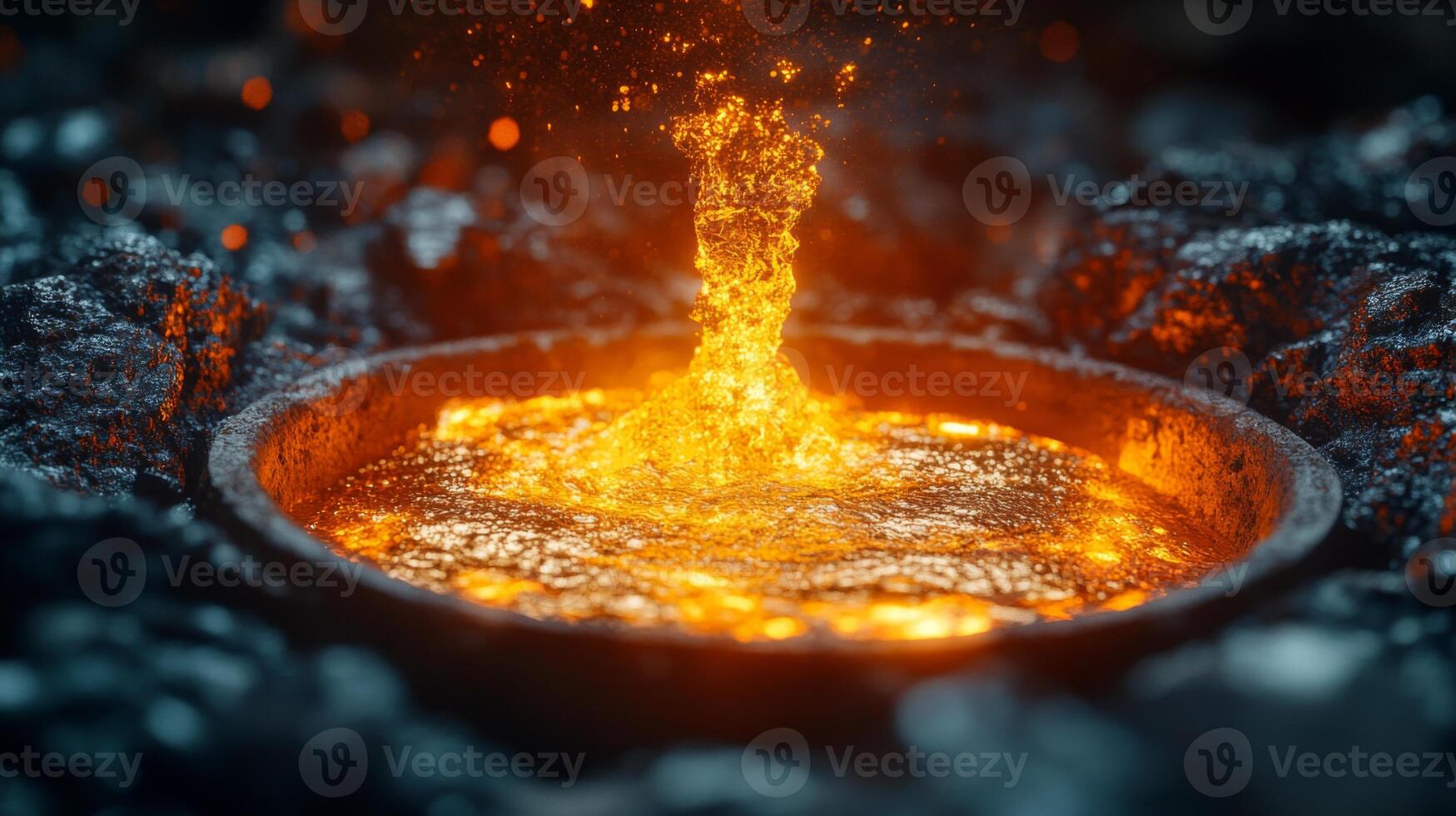 High-temperature molten metal is poured into a casting mold, illustrating the process of metallurgy in a busy factory environment. The glowing liquid reflects advanced industrial practices. photo