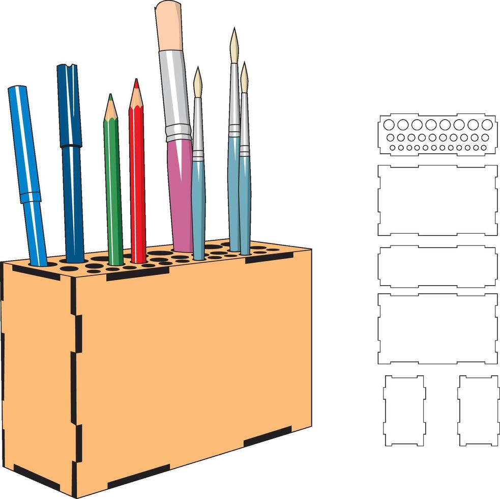 Laser cut template pencil box desk organizer 7 x 4 x 2,3 inches - 17 x 10 x 6 mm for 3mm material mdf wood pattern design vector