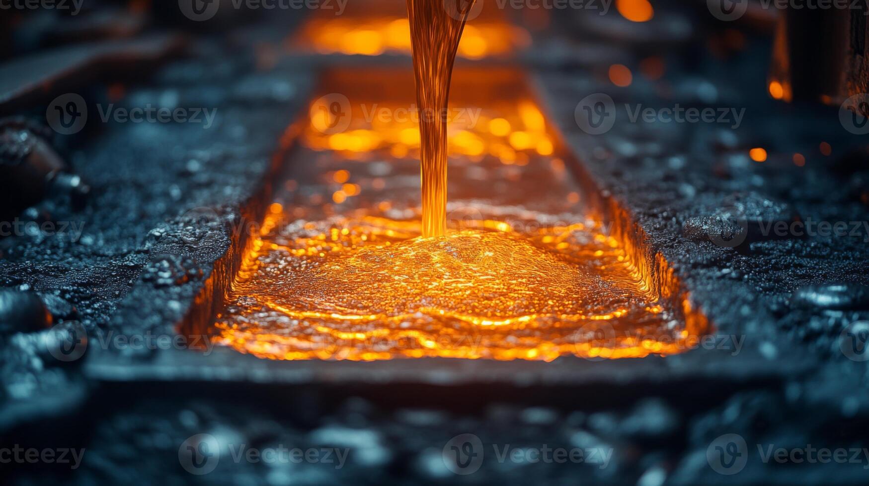 Molten aluminum flows into a casting mold within a bustling manufacturing facility. The bright orange glow highlights the industrial processes of welding and metal fabrication. photo