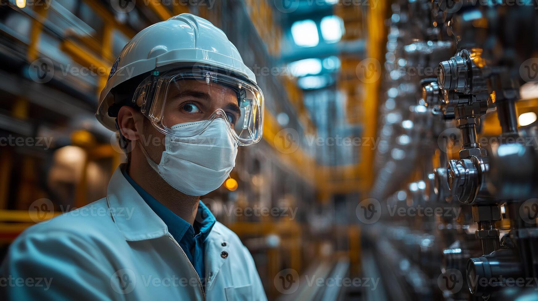 A technician wearing a safety helmet and goggles inspects refinery machinery in a petrochemical plant. The environment is busy with advanced automation, emphasizing safety and engineering standards. photo