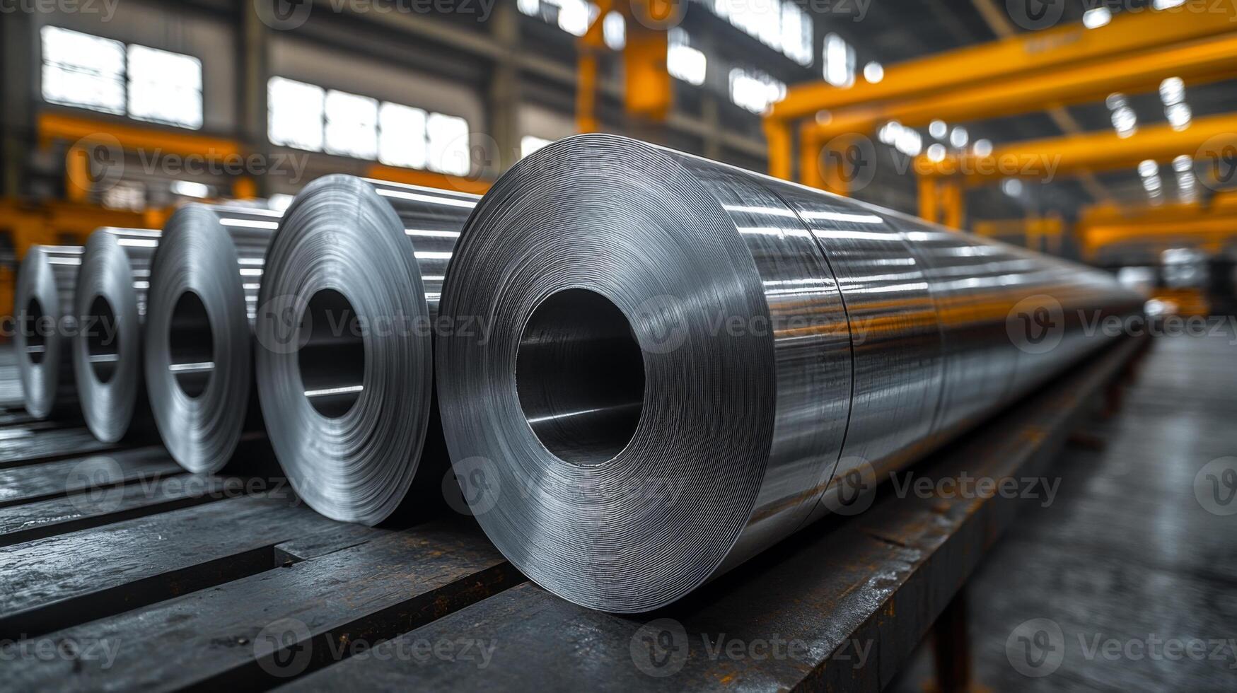 In a large factory setting, multiple rolls of steel and aluminum are neatly arranged on wooden pallets. Workers are engaged in processing and automation, showcasing advanced manufacturing techniques. photo