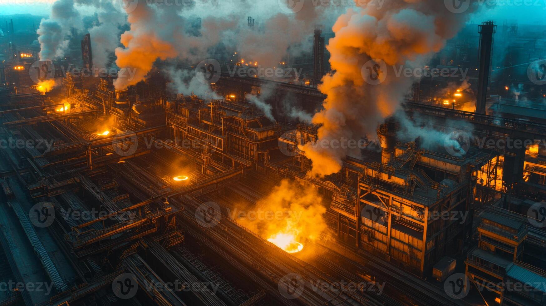 A large factory complex engaged in steel and aluminum manufacturing processes. Bright flames emerge from multiple furnaces, casting an orange glow. photo
