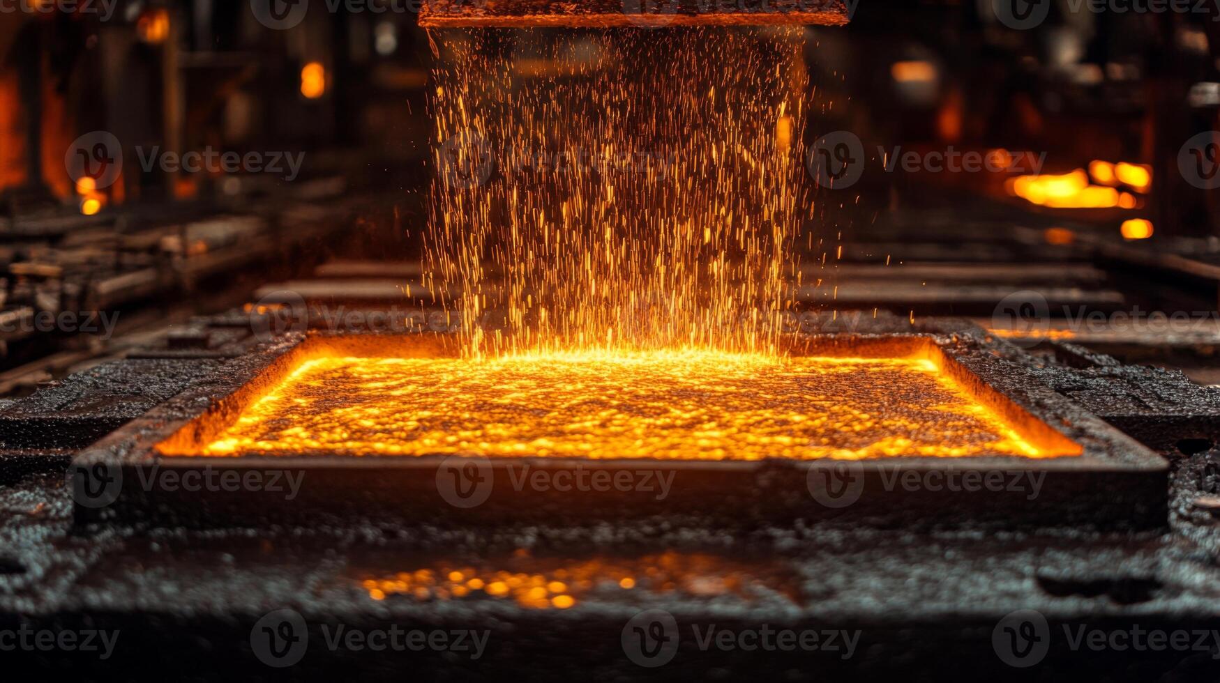 Molten metal streams into a mold within a factory dedicated to steel and aluminum production. Workers oversee the automated pouring process in a busy industrial environment. photo
