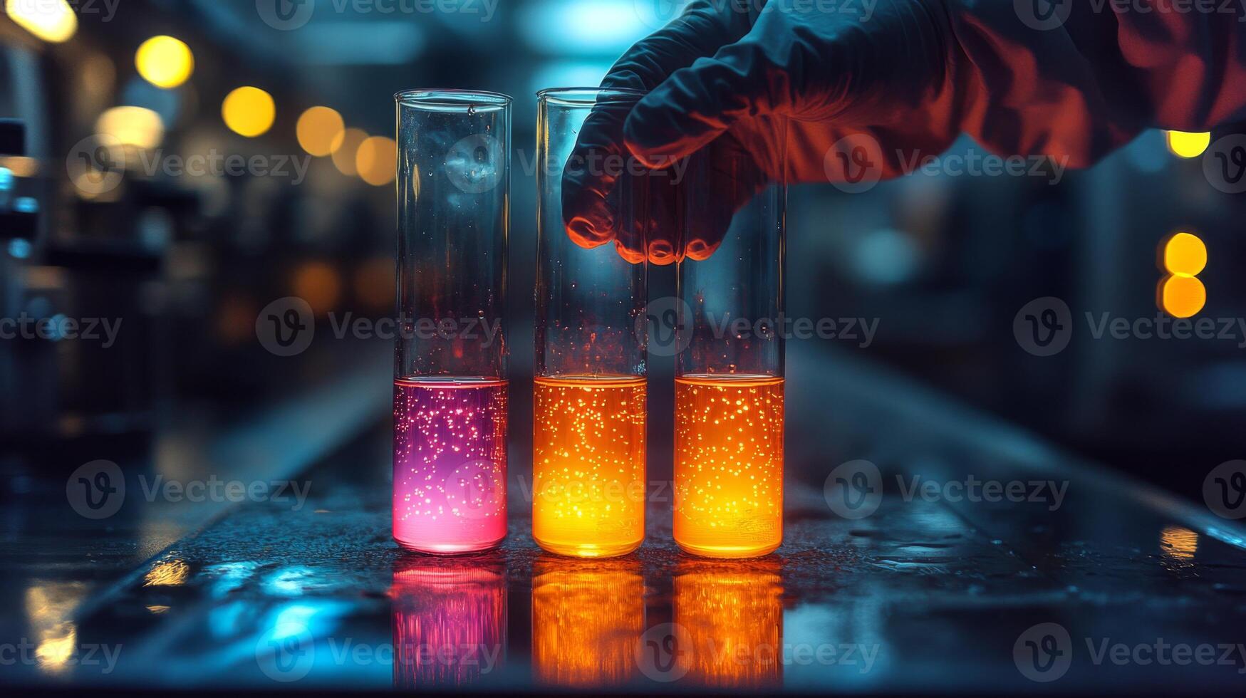 A hand carefully holds a test tube above others filled with vibrant liquids, showcasing chemical reactions. This activity highlights engineering techniques in a modern laboratory setting. photo