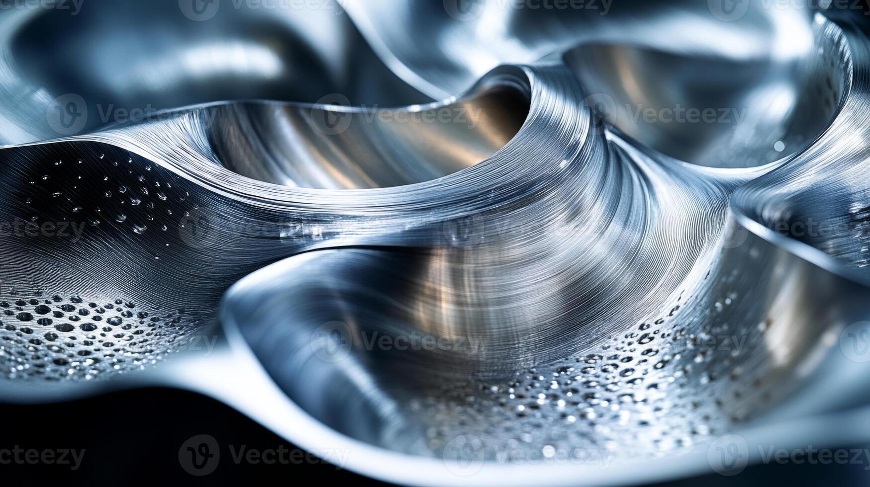 Close-up view of a metallic surface displaying complex curves and water droplets, showing the precision of engineering in metallurgy and manufacturing. photo