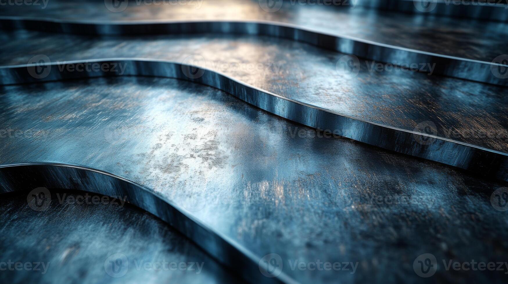 Waves of steel sheets lie on a factory floor, illustrating the intricate craftsmanship involved in manufacturing. The light reflects off the surfaces, highlighting their metallic texture. photo