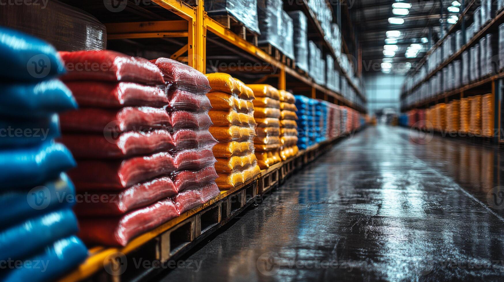 Brightly colored bags of chemical materials are neatly stacked on pallets in a spacious warehouse. The environment showcases an organized setup for efficient manufacturing operations. photo