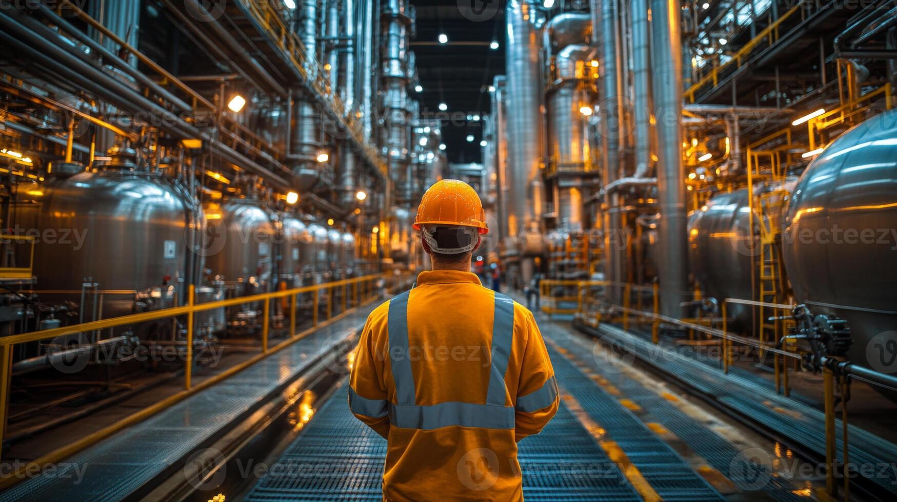 A worker in safety gear stands in a petrochemical refinery, surrounded by large storage tanks and intricate piping. The facility is bustling with automated machinery, illuminating the space. photo